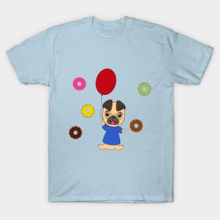 Flying pug dog on a balloon with donuts in the magical sky T-Shirt